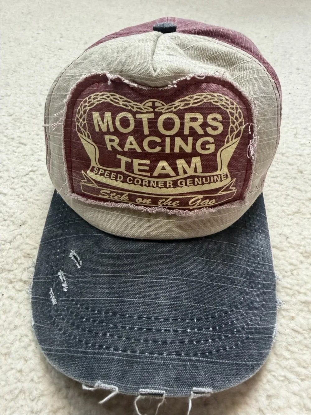 Motors Racing Team Distressed Trucker Cap - Maroon & Beige Hat